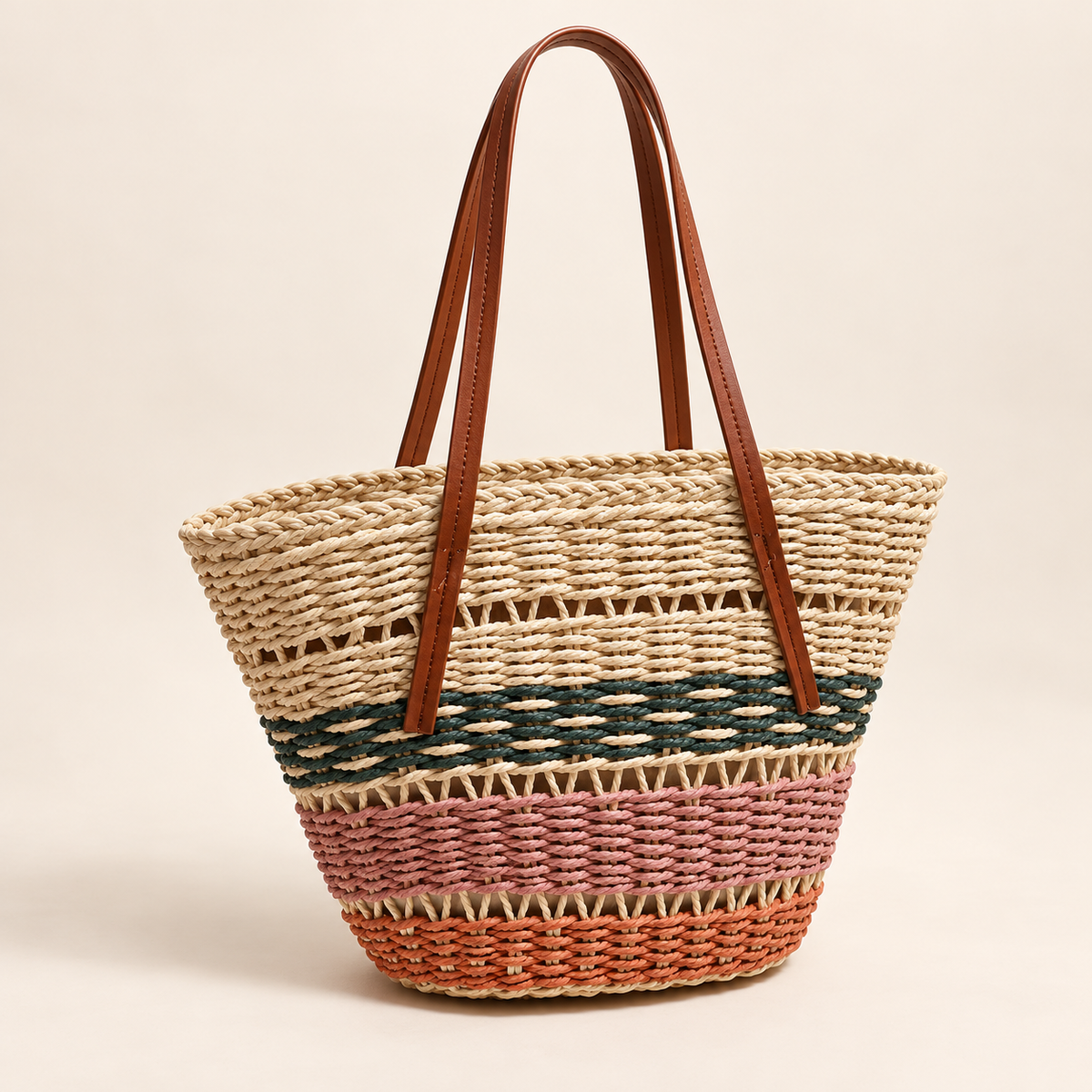 Color Block Basket Tote, angled view showing green, pink and orange woven bands