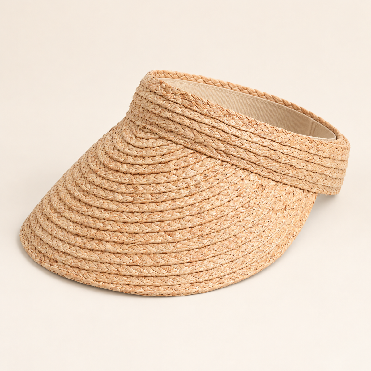 Open Top Straw Visor in natural straw, front view with an open top and curved brim