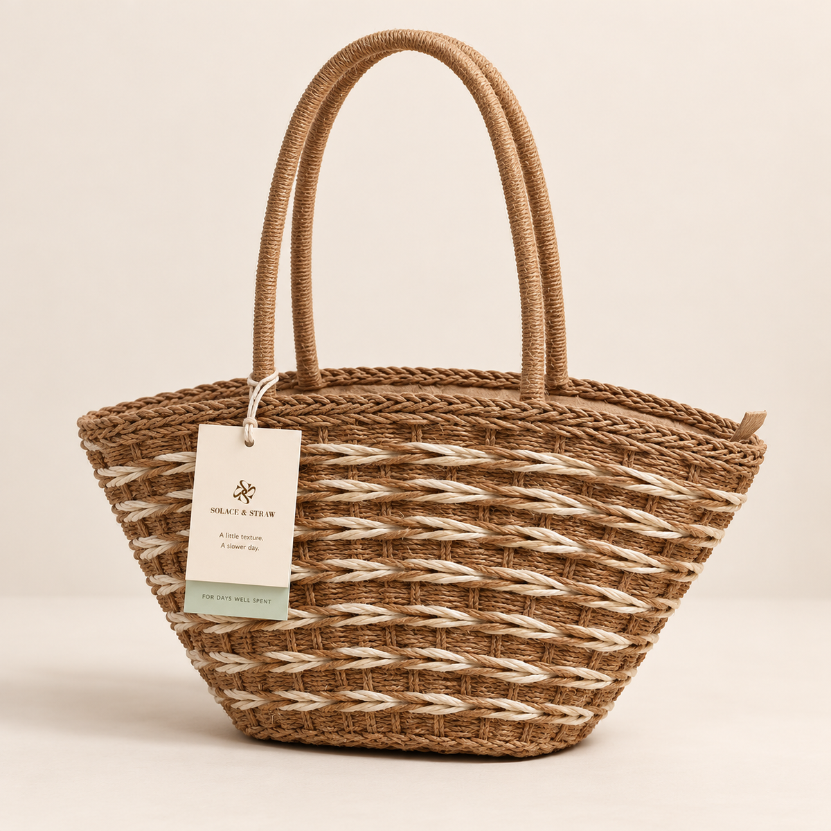 Forest Woven Shoulder Bag in coffee brown with cream rope bands, front view with a Solace & Straw hangtag