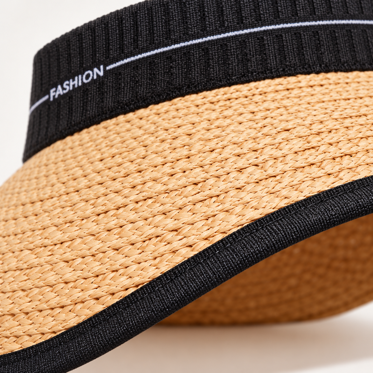Wide Brim Straw Visor, close-up of the woven brim and black binding