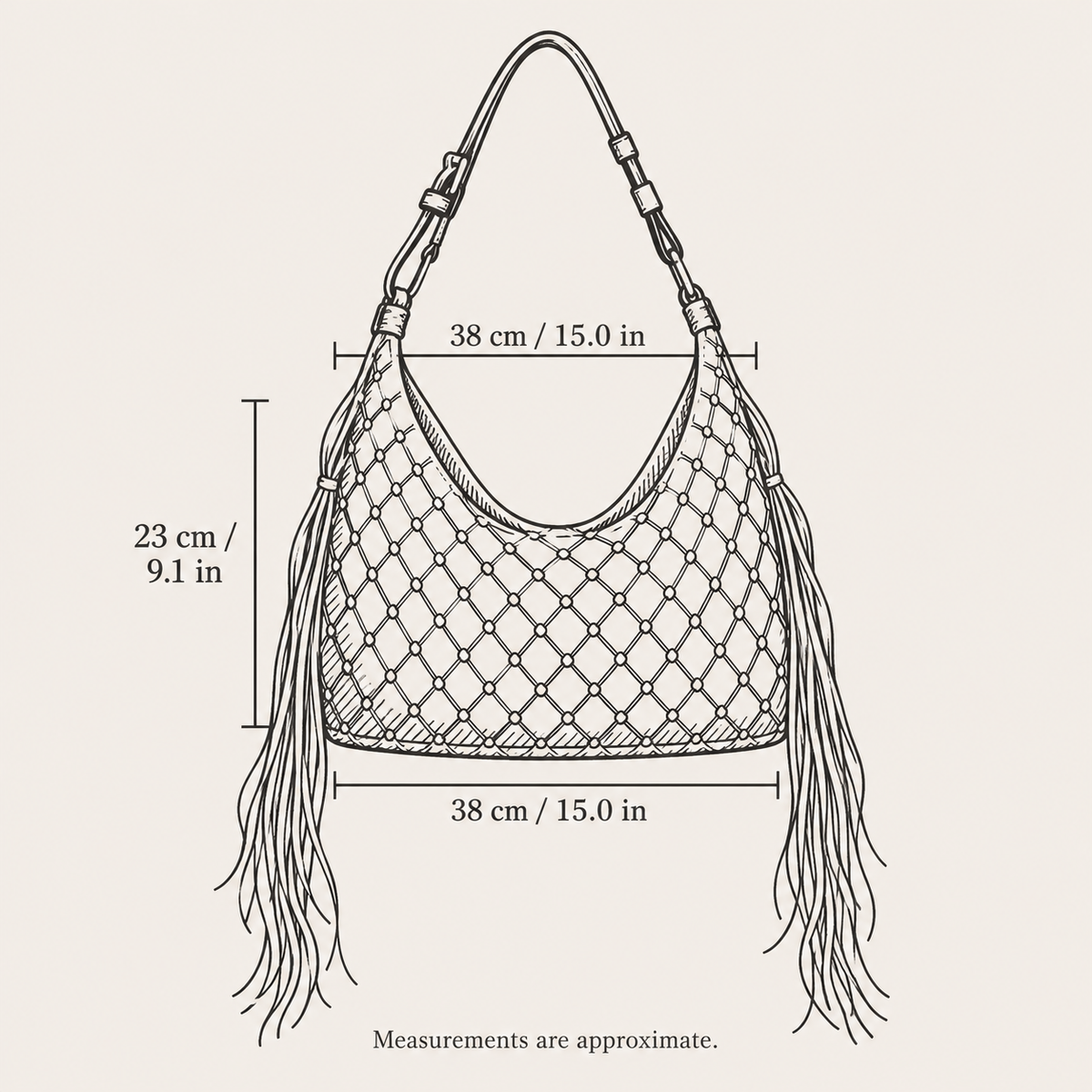 Tassel Woven Tote, hand-drawn size guide with measurements in centimeters and inches