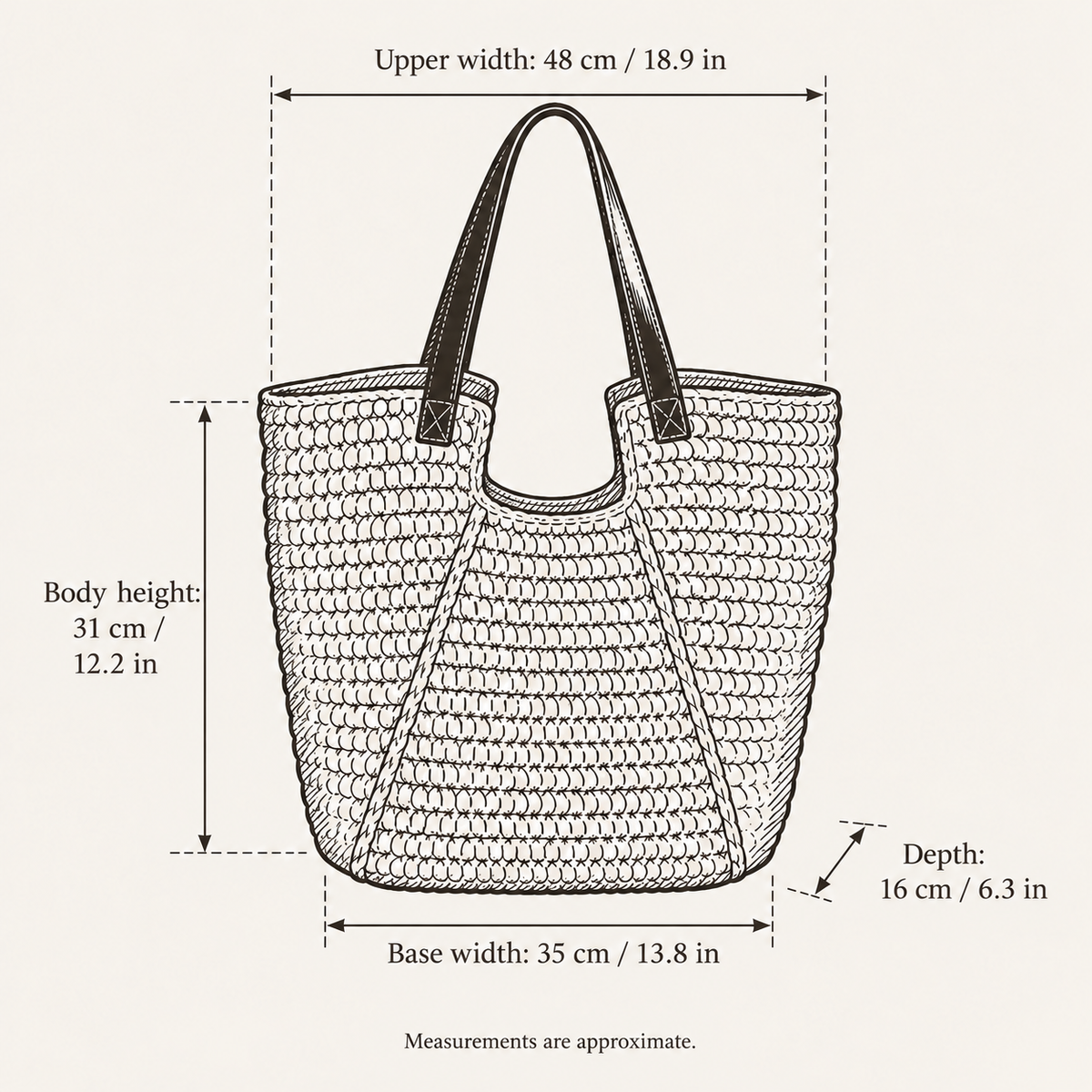 Relaxed Woven Shoulder Bag, hand-drawn size guide with measurements in centimeters and inches