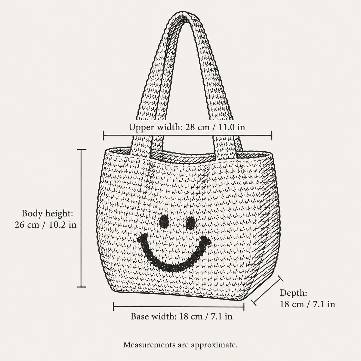 Smiley Woven Shoulder Bag, hand-drawn size guide with measurements in centimeters and inches