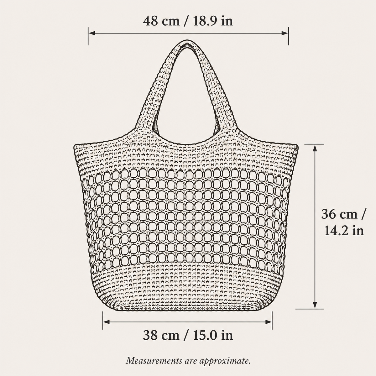 Open Weave Tote, hand-drawn size guide with measurements in centimeters and inches