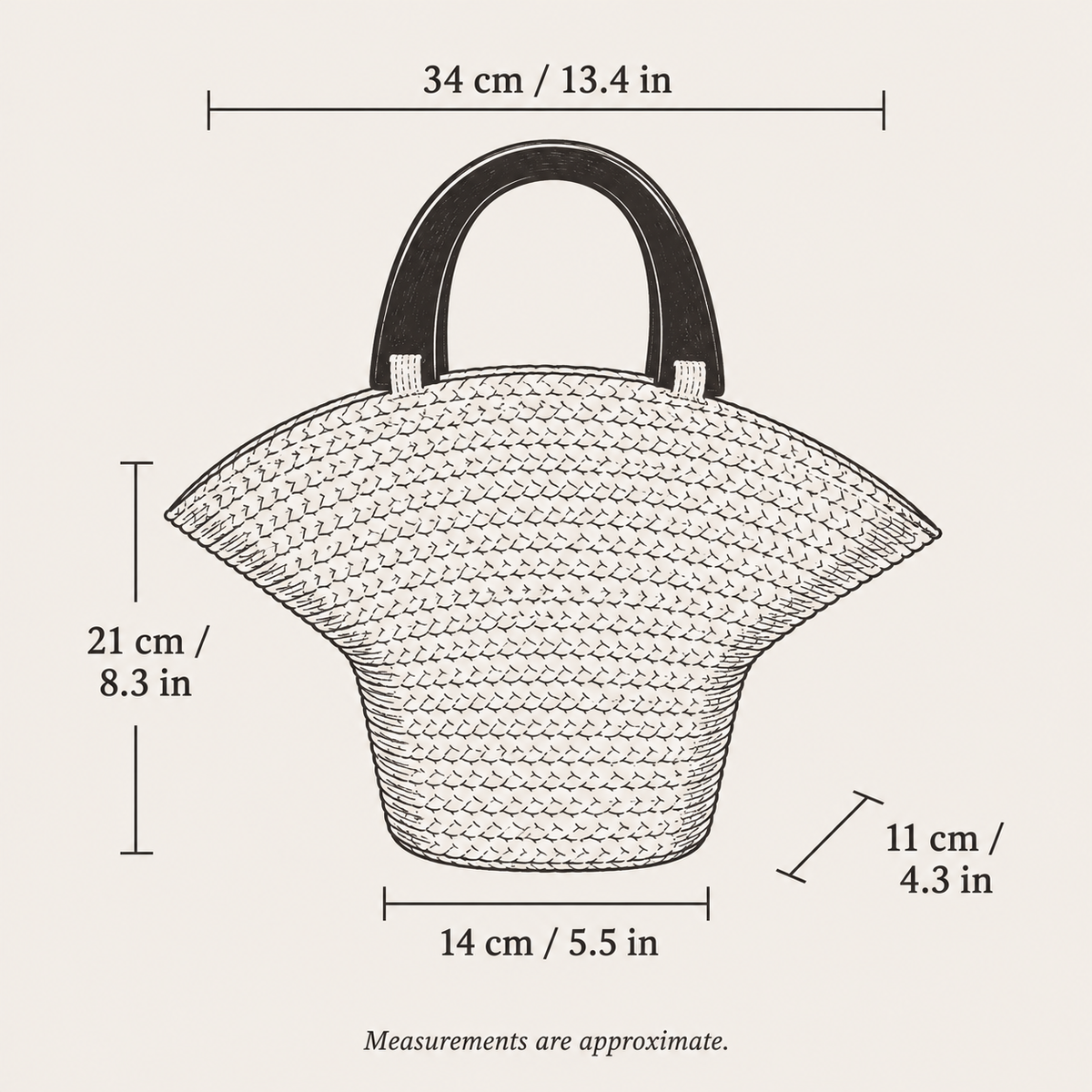 Wood Handle Barrel Bag, hand-drawn size guide with measurements in centimeters and inches