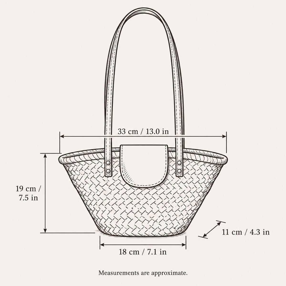 Shell Shape Shoulder Bag, hand-drawn size guide with measurements in centimeters and inches