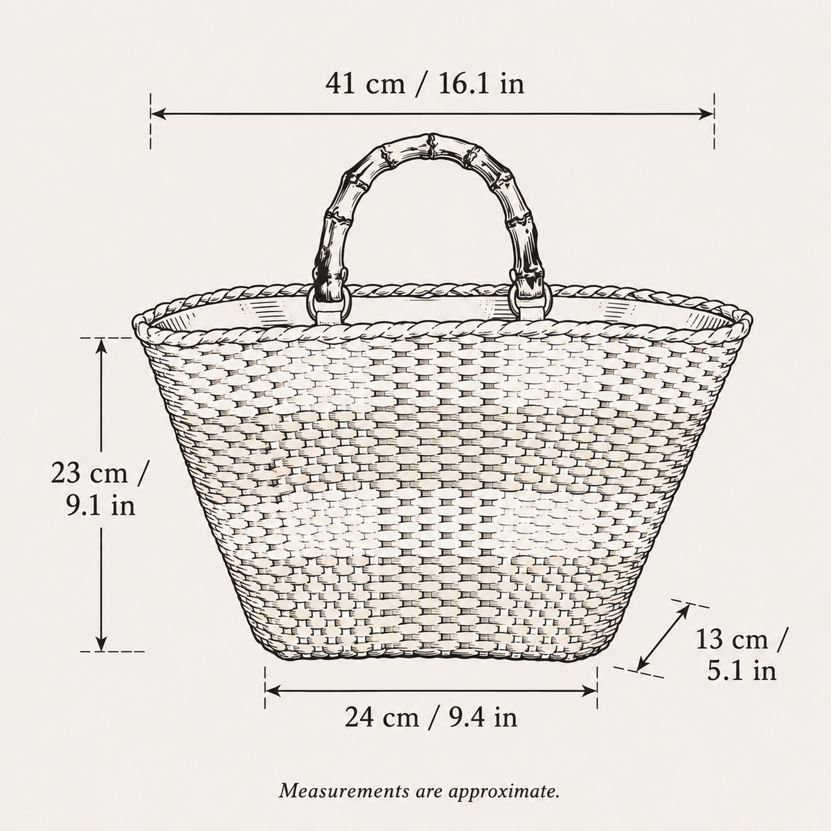 Grid Woven Tote, hand-drawn size guide with measurements in centimeters and inches