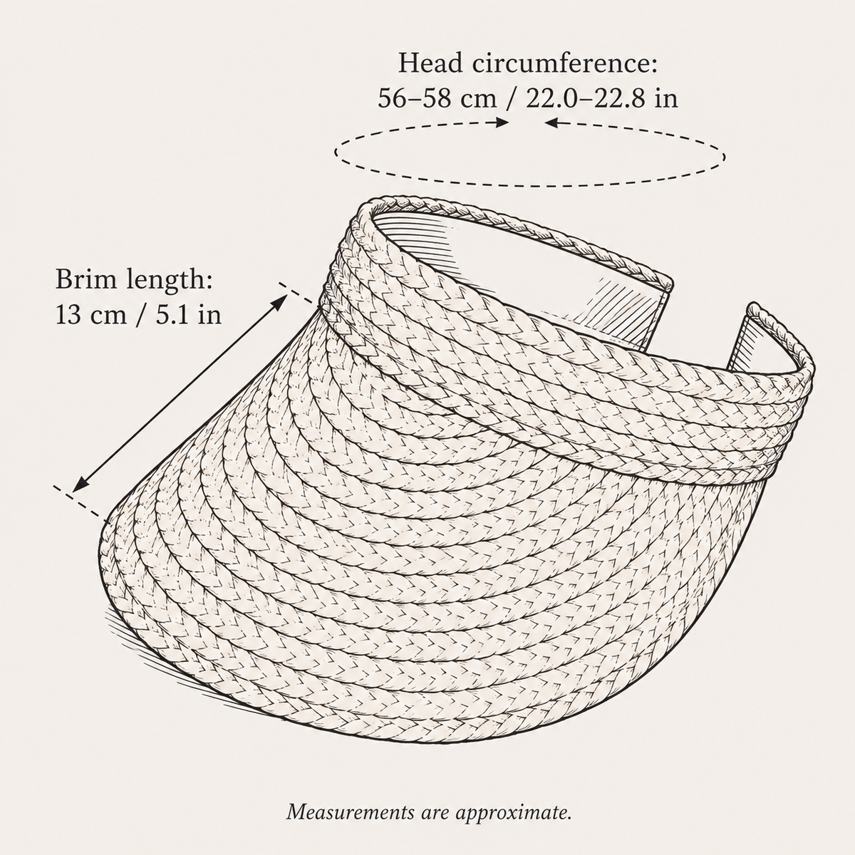 Open Top Straw Visor, hand-drawn size guide with measurements in centimeters and inches