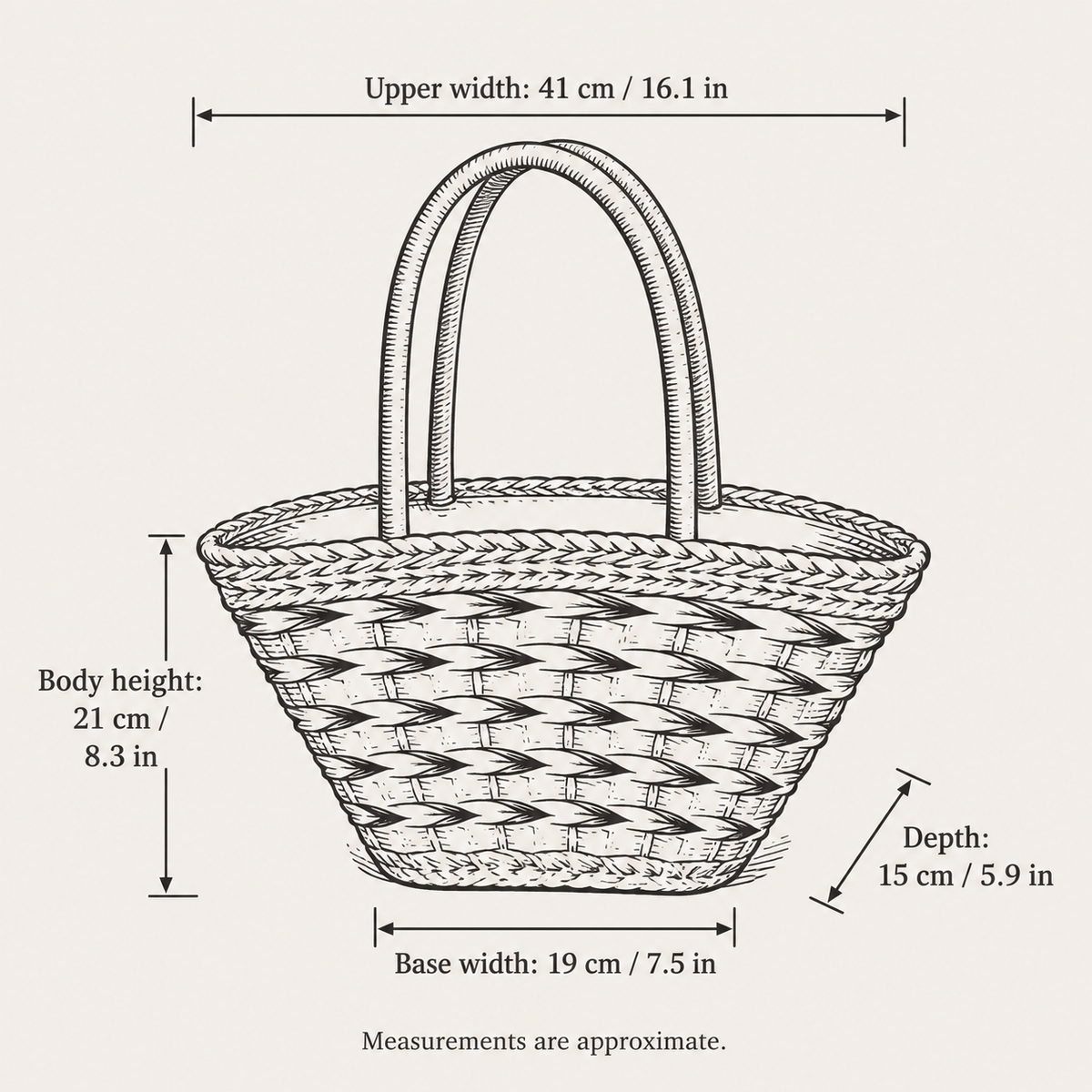 Forest Woven Shoulder Bag, hand-drawn size guide with measurements in centimeters and inches