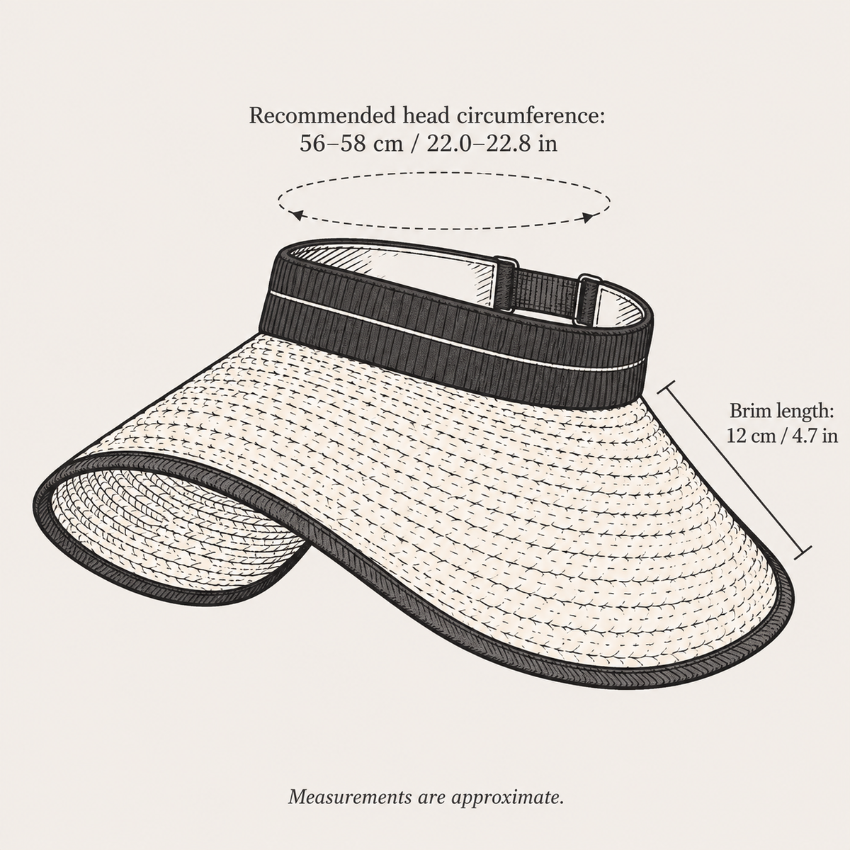 Wide Brim Straw Visor, hand-drawn size guide with measurements in centimeters and inches