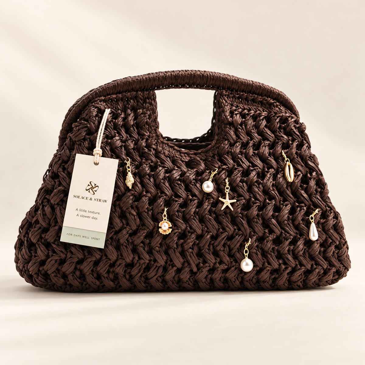 Beaded Crochet Top Handle Bag in coffee, front view with Solace & Straw hangtag