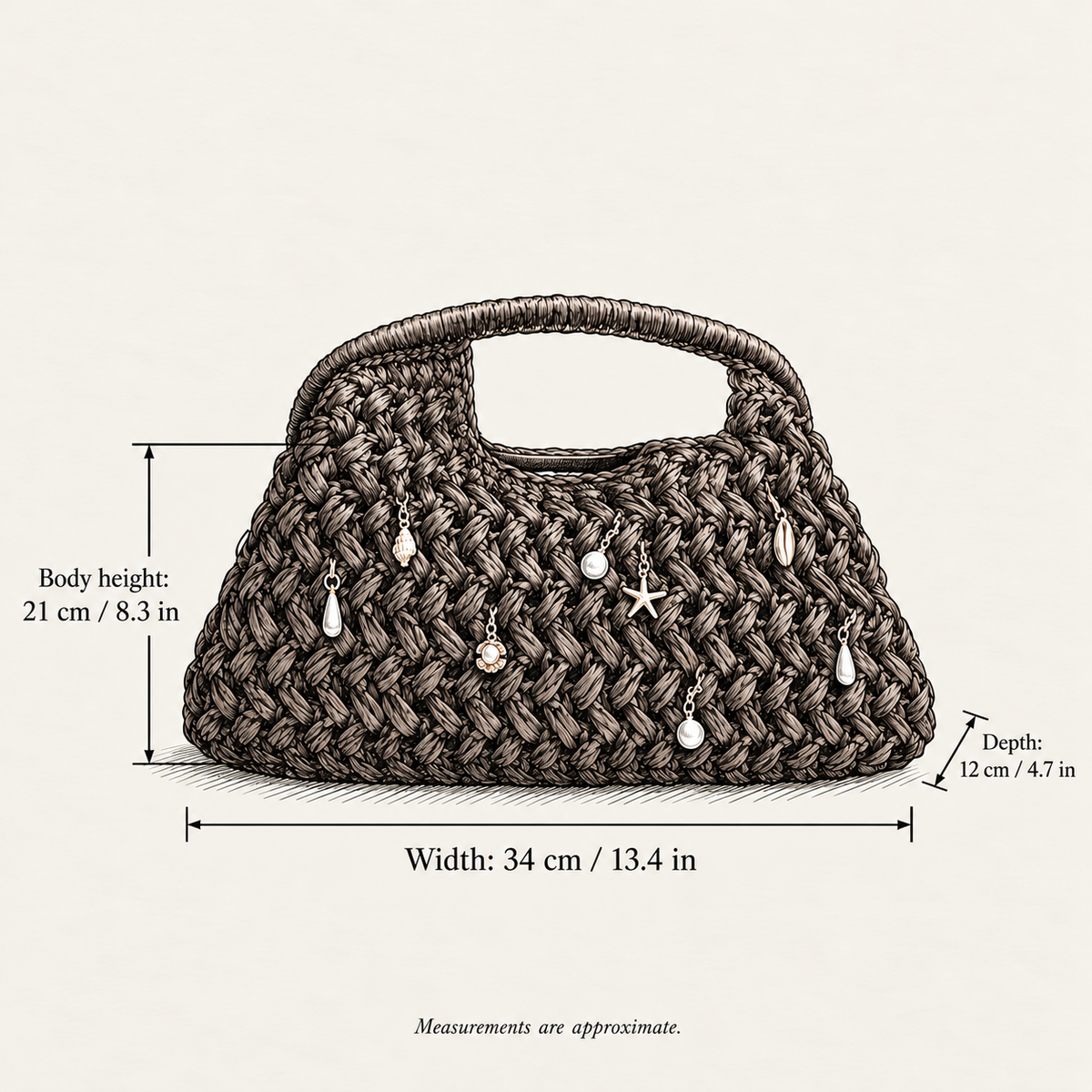 Beaded Crochet Top Handle Bag, hand-drawn external measurements in centimeters and inches