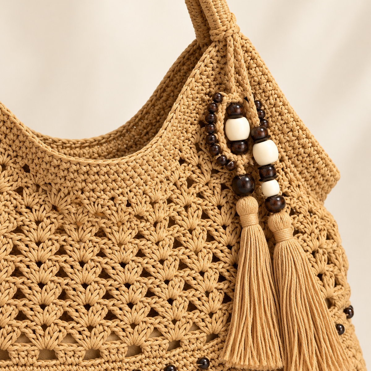 Floral Crochet Tassel Tote, close-up of the crochet texture and visible construction