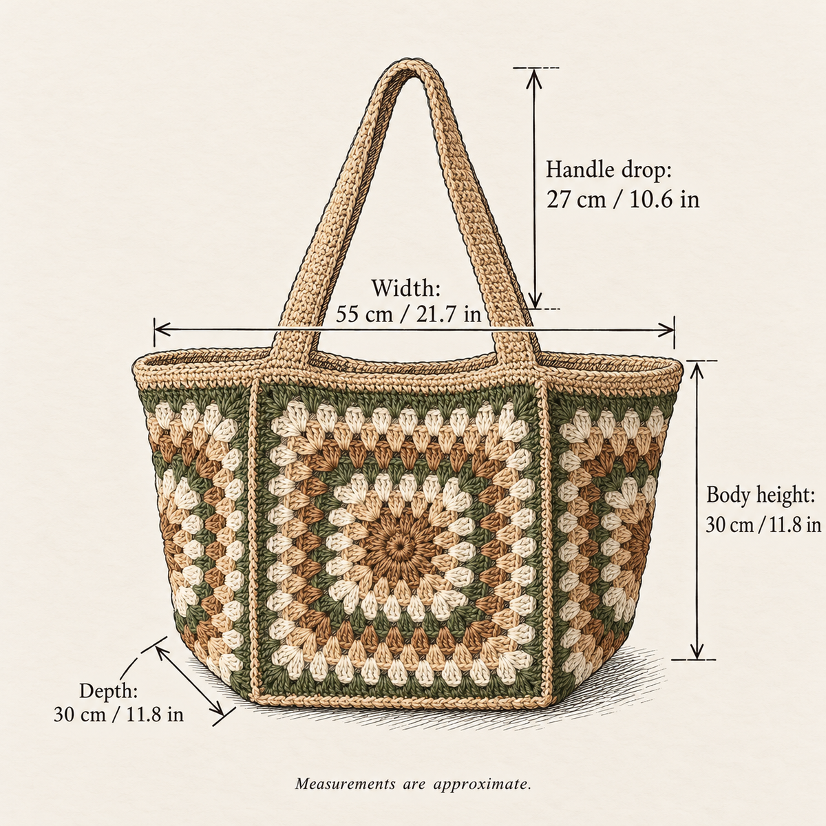 Garden Square Paper Woven Tote, hand-drawn external measurements in centimeters and inches