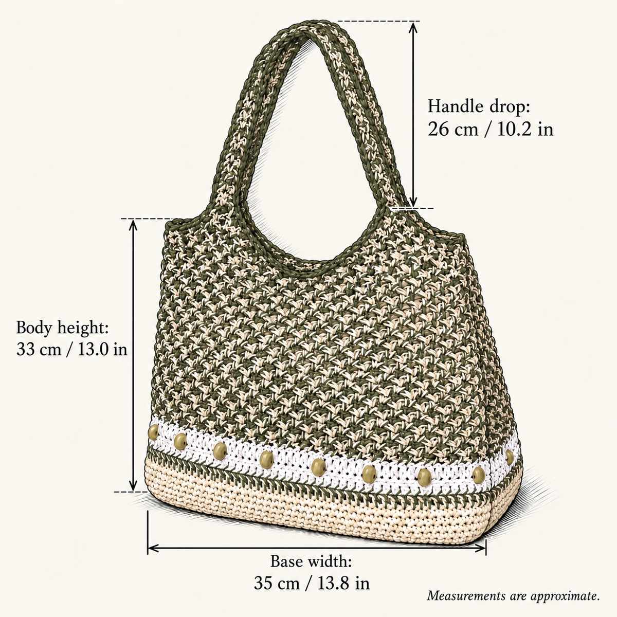 Beaded Stripe Openwork Tote, hand-drawn external measurements in centimeters and inches