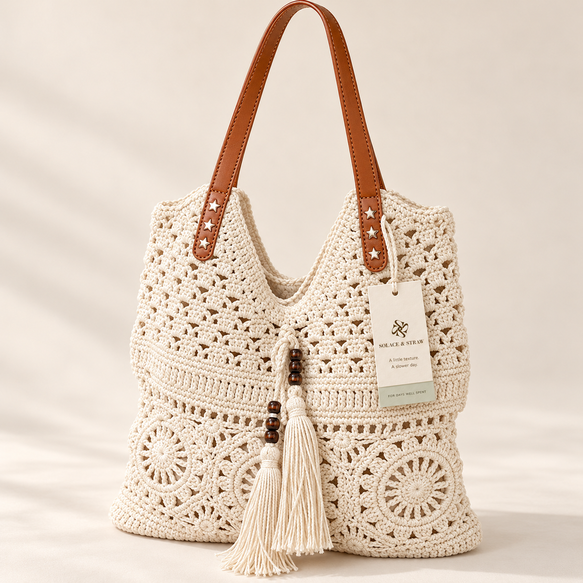 Medallion Crochet Shoulder Tote in ivory / brown handles, front view with Solace & Straw hangtag