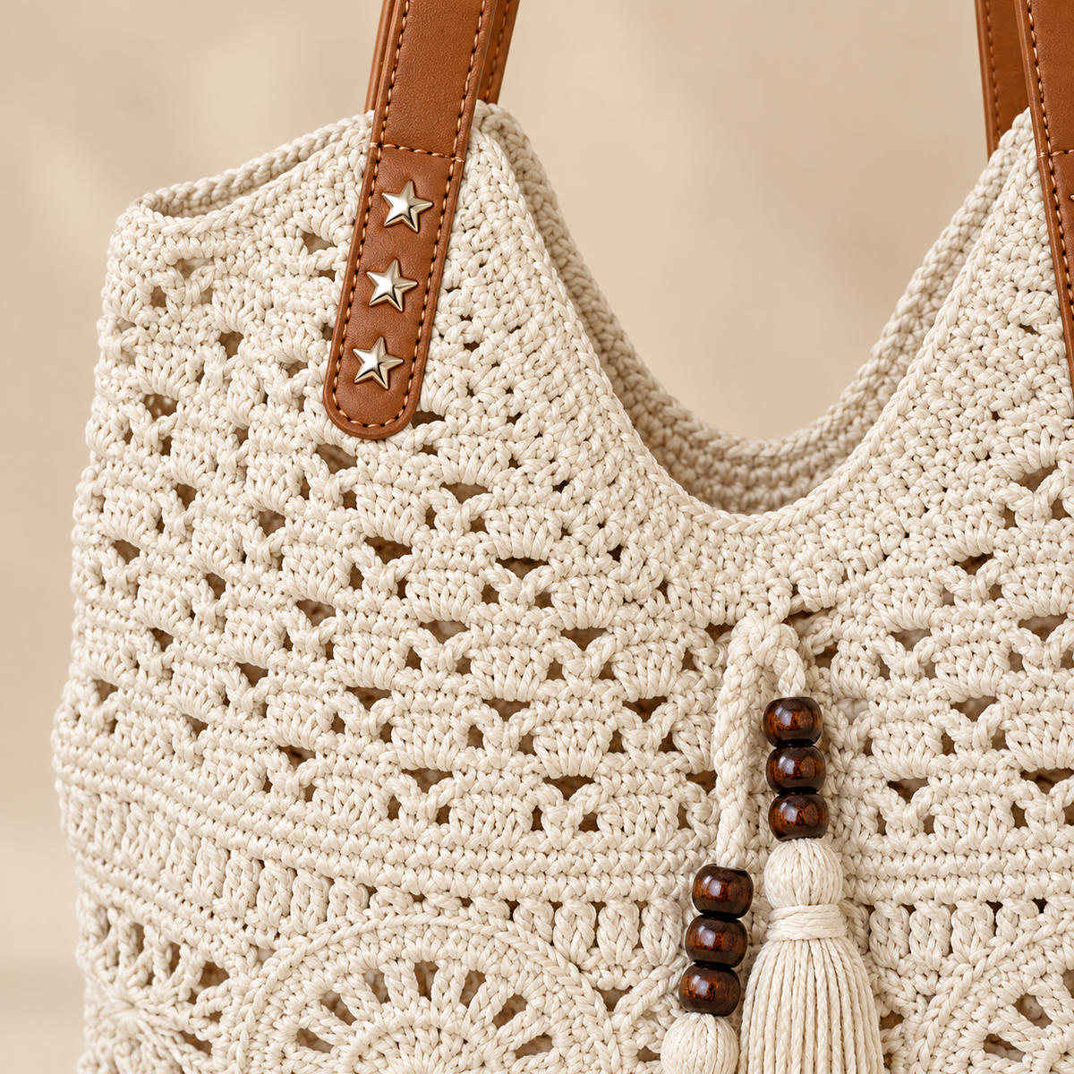 Medallion Crochet Shoulder Tote, close-up of the crochet texture and visible construction