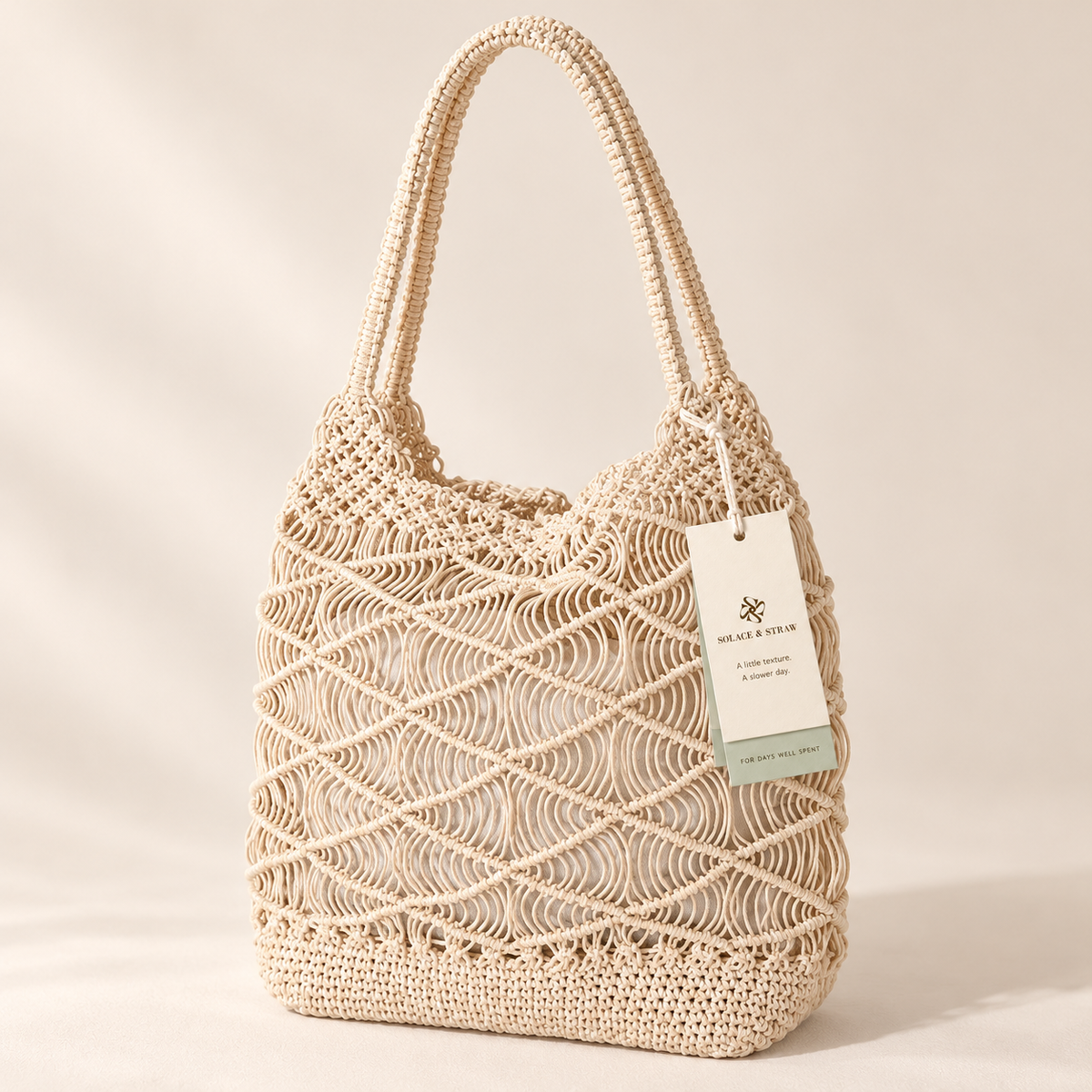 Loop Stitch Drawstring Shoulder Bag in ivory / with inner bag, front view with Solace & Straw hangtag