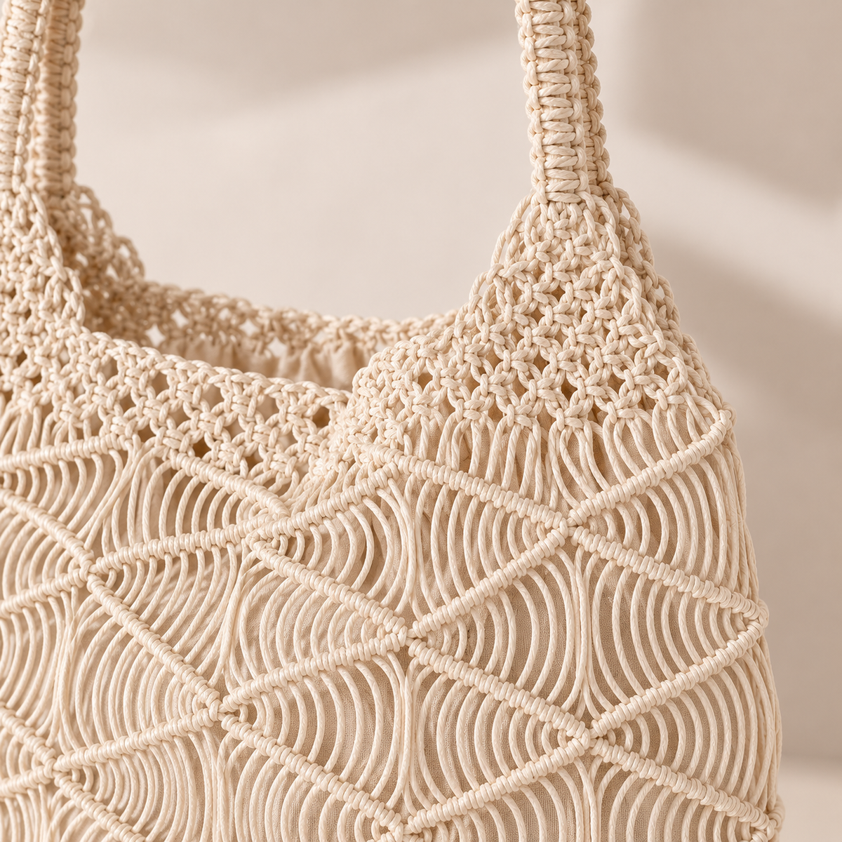 Loop Stitch Drawstring Shoulder Bag, close-up of the polyester crochet and visible construction
