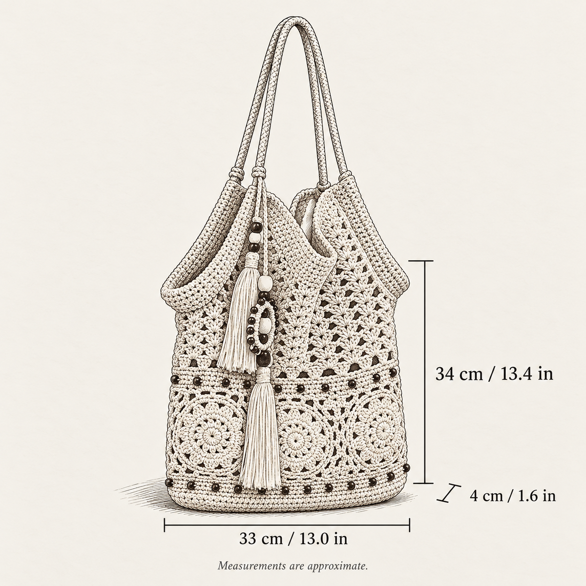 Ivory Crochet Tassel Hobo, hand-drawn external measurements in centimeters and inches