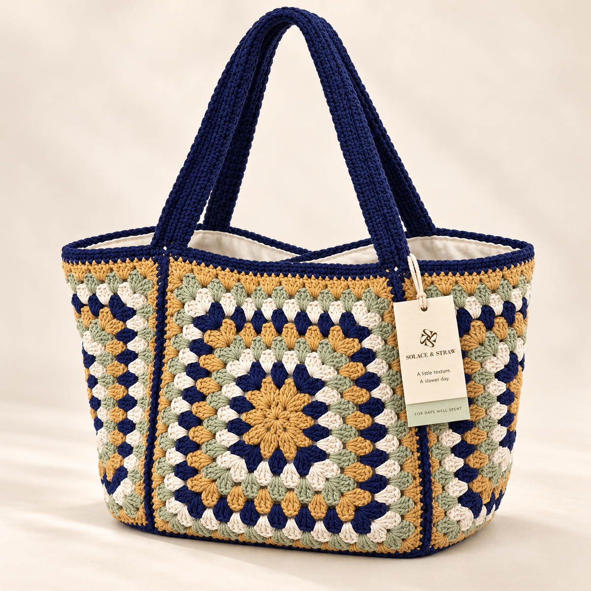 Navy Granny Square Cotton Tote in navy / cream / yellow, front view with Solace & Straw hangtag