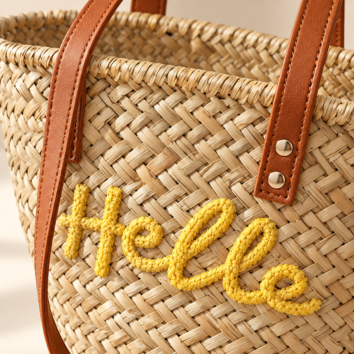 Hello Embroidered Basket Tote, close-up of the woven texture and visible construction