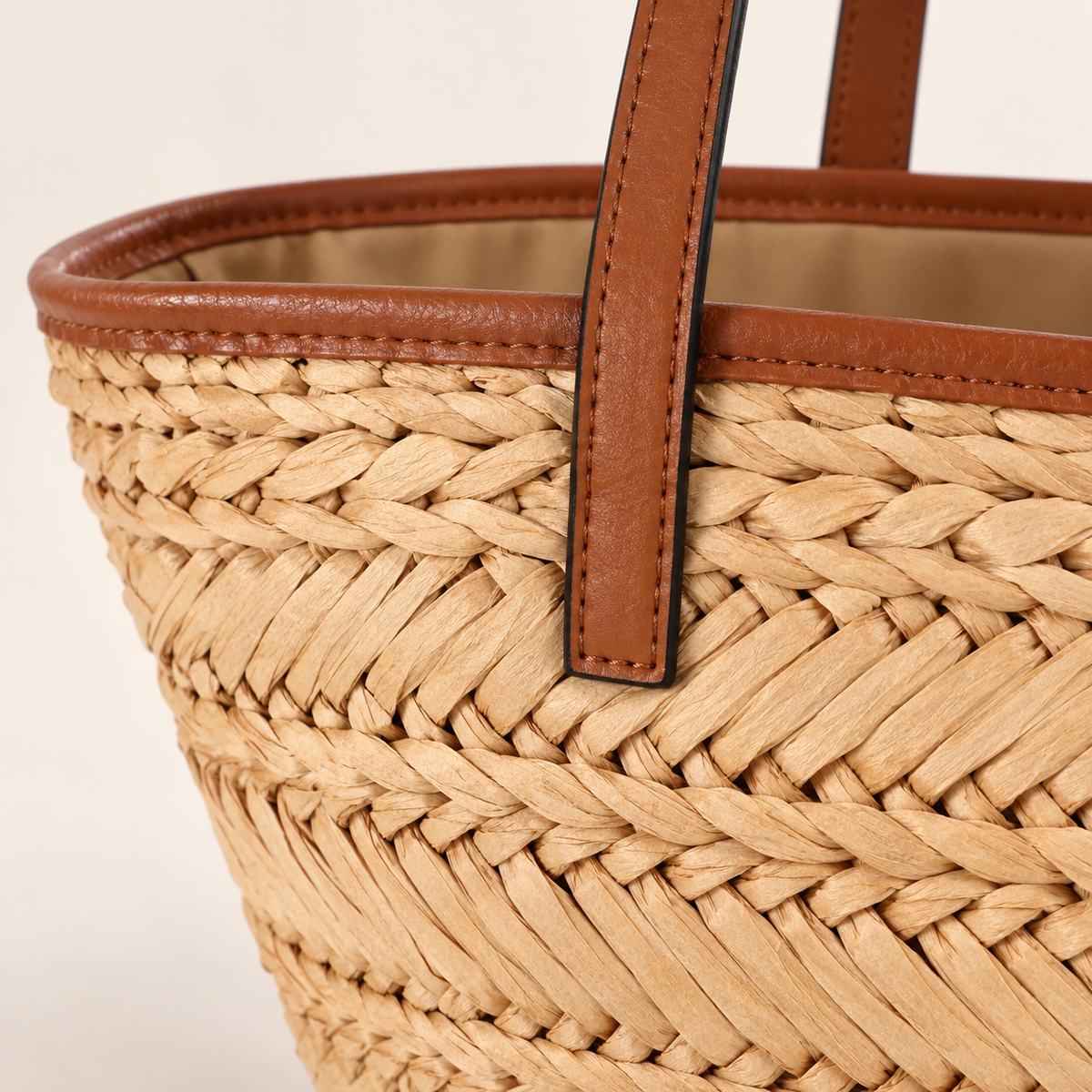 Chevron Paper Woven Basket Tote, close-up of the paper weave and visible construction