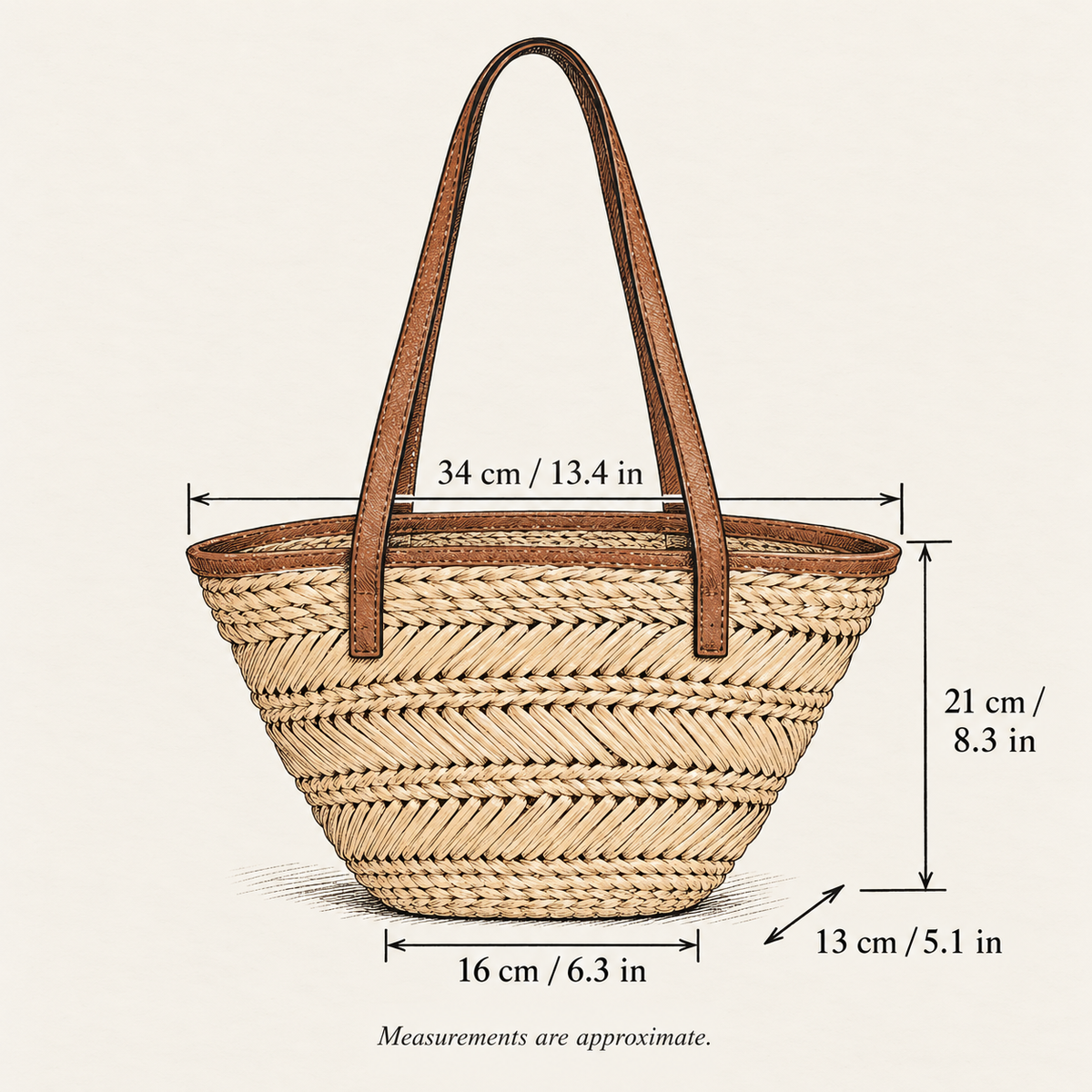 Chevron Paper Woven Basket Tote, hand-drawn external measurements in centimeters and inches