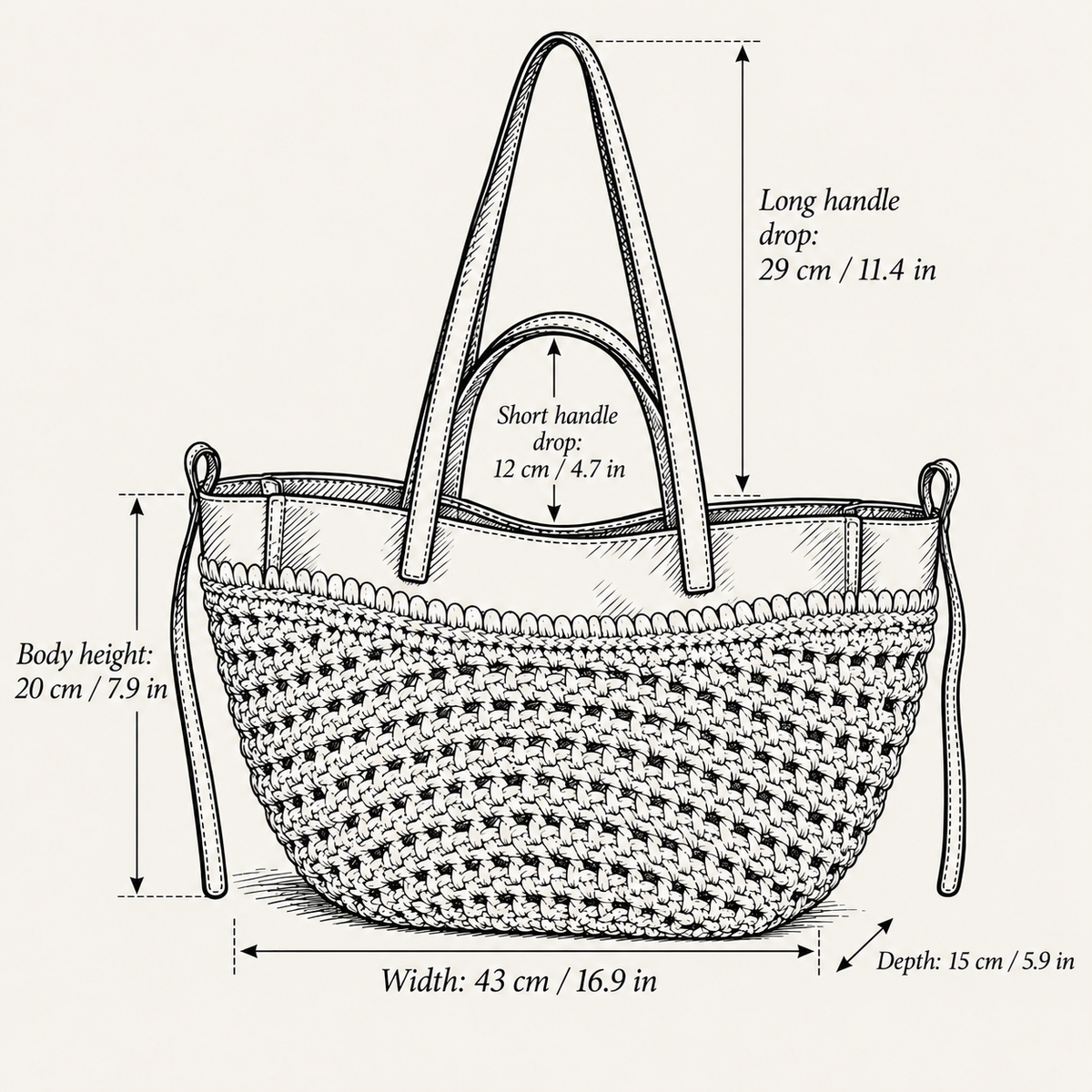 Double Handle Woven Tote, hand-drawn size guide for the brown-trim version, centimeters and inches