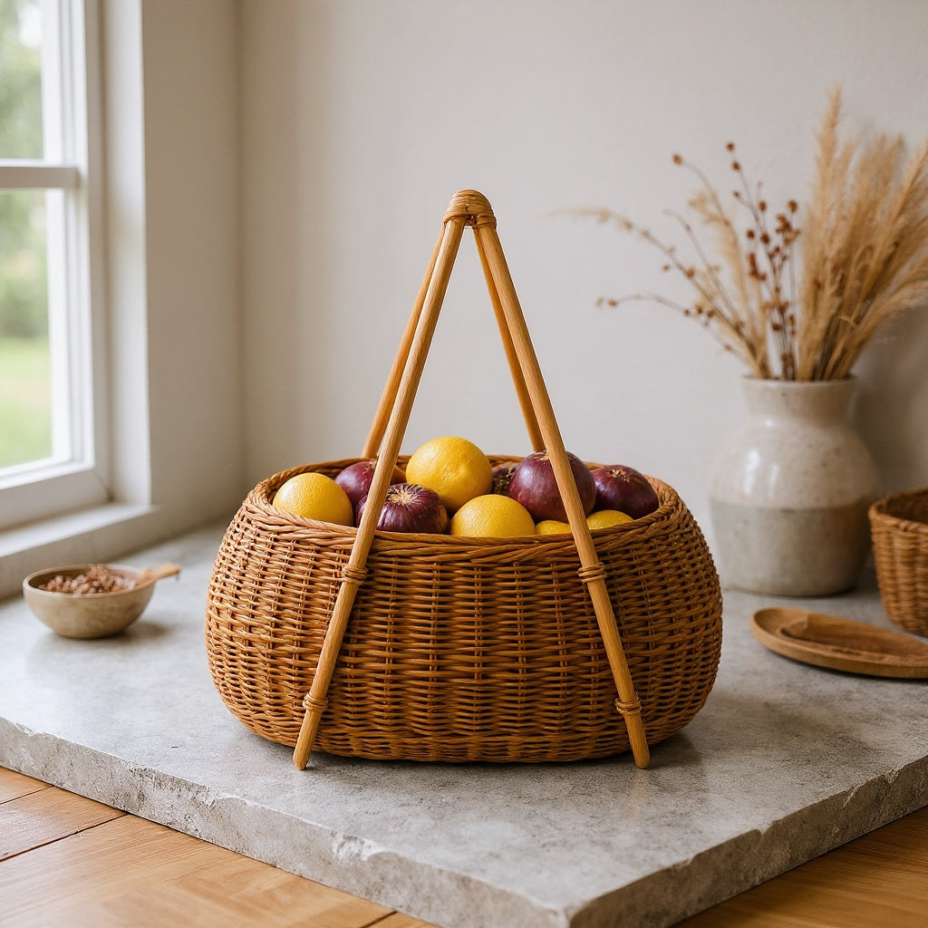 Handwoven honey-tone rattan basket with arched handles on a wooden surface with dried botanicals, soft natural light.