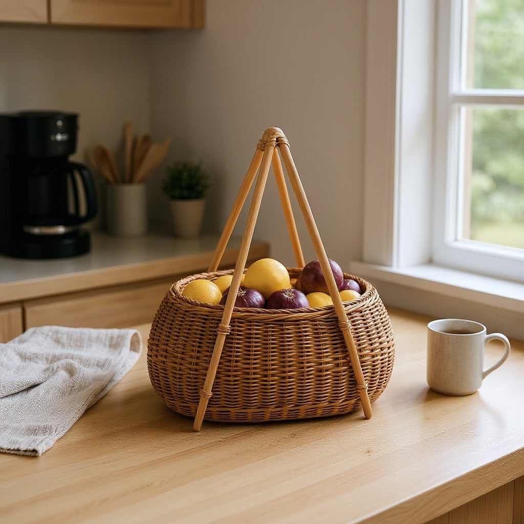 Woven rattan basket filled with oranges and lemons on a kitchen counter, styled with a coffee mug and herb plant in soft natural light.
