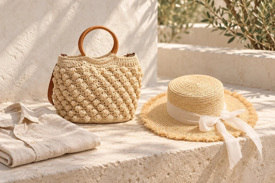 Wooden Handle Woven Bag beside the Ribbon Straw Sun Hat on a stone ledge