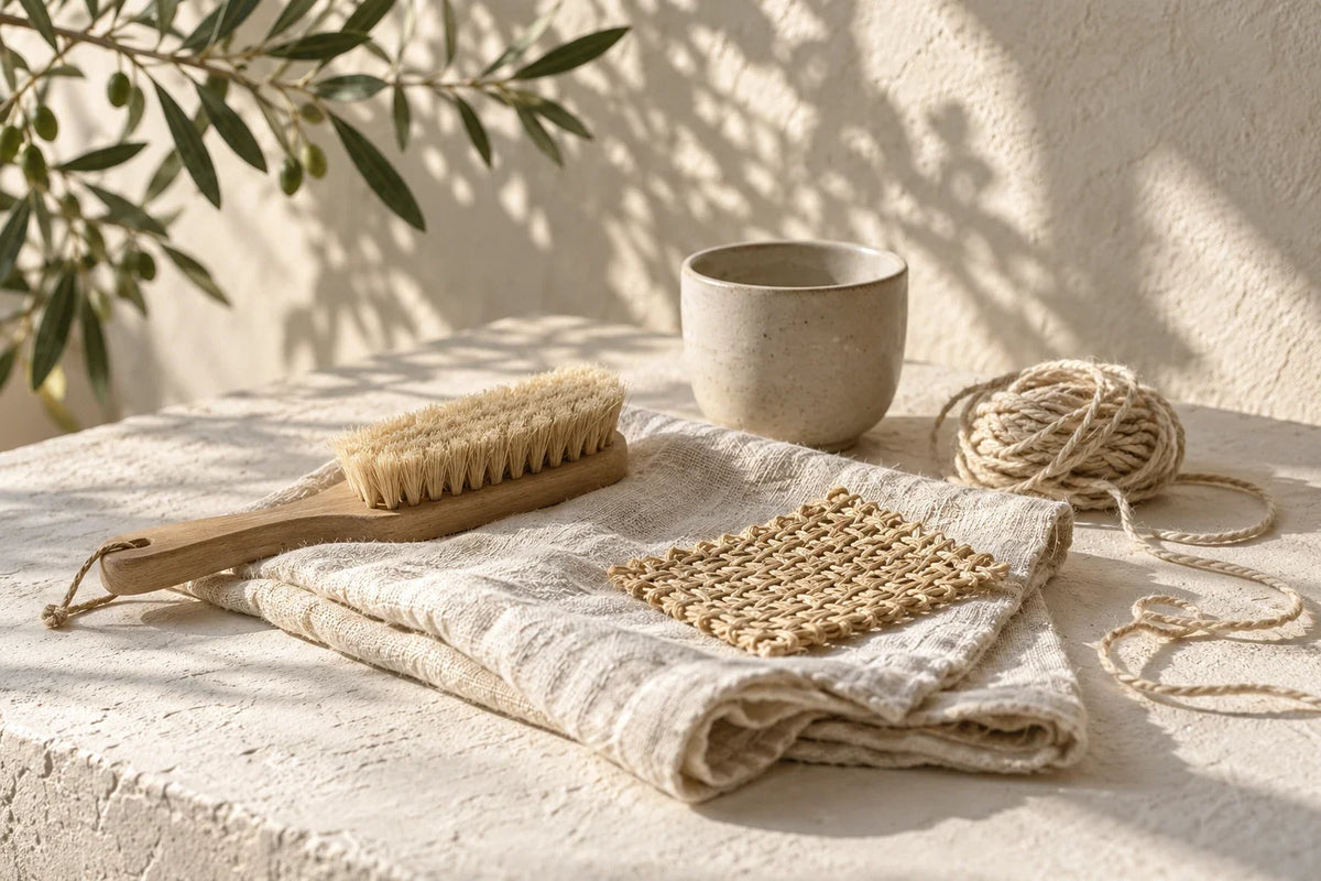 Woven swatch, natural cord and a wooden brush on linen