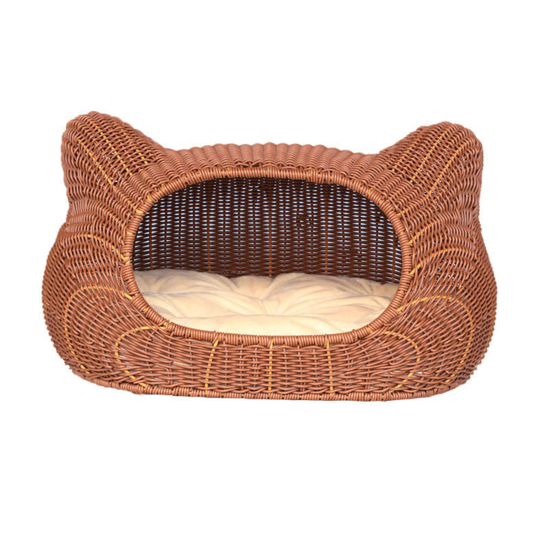 Washable Woven Cat Bed  Semi-Enclosed Rattan-Style Pet House with Cushion, All-Season Cozy Nest for Cats & Small Dogs