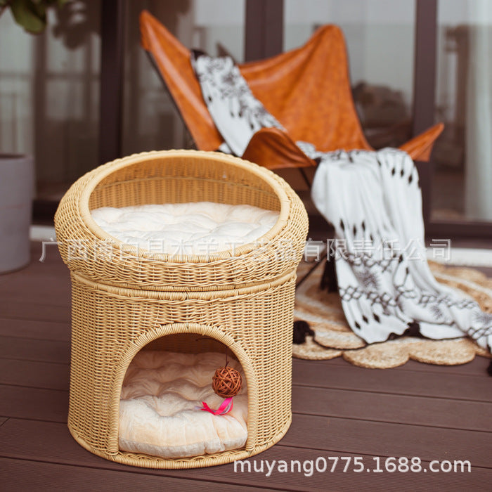 Breathable Woven Double-Layer Cat House with Cushion  All-Season Semi-Enclosed PP Rattan Pet Bed
