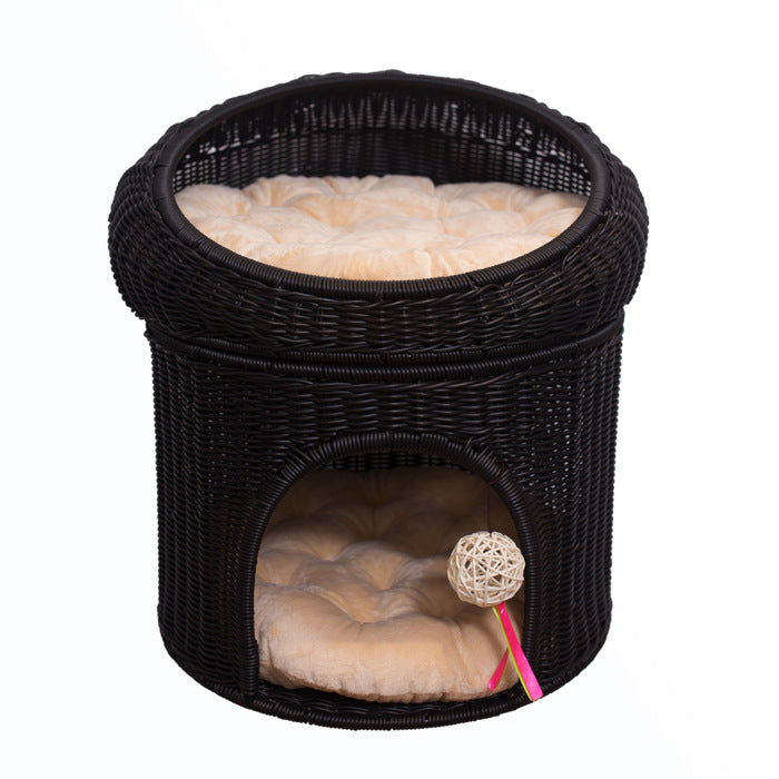Breathable Woven Double-Layer Cat House with Cushion  All-Season Semi-Enclosed PP Rattan Pet Bed