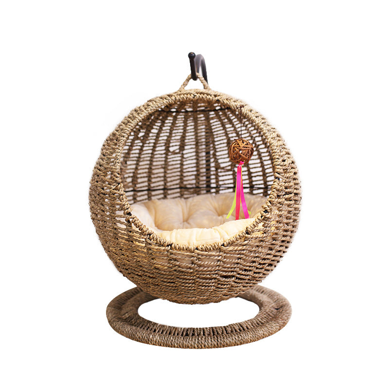 Handwoven Seagrass Hanging Cat Bed  Semi-Enclosed Cat Hammock with Cushion, Natural Pet Basket for Indoor Rest & Play Main image