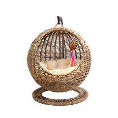 Handwoven Seagrass Hanging Cat Bed  Semi-Enclosed Cat Hammock with Cushion, Natural Pet Basket for Indoor Rest & Play
