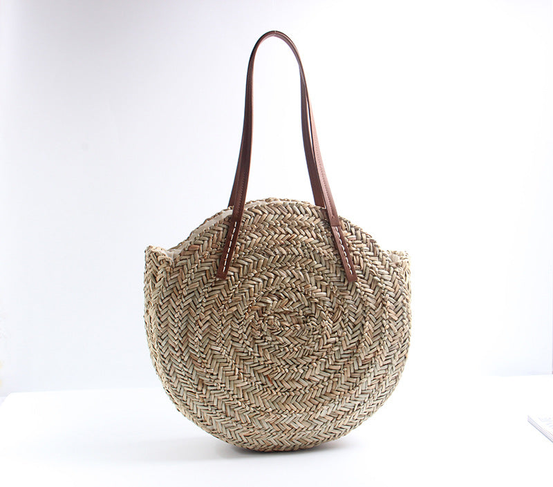 New aquatic plant round straw bag vacation beach bag single shoulder large capacity woven bag women's fashion simple rattan bag