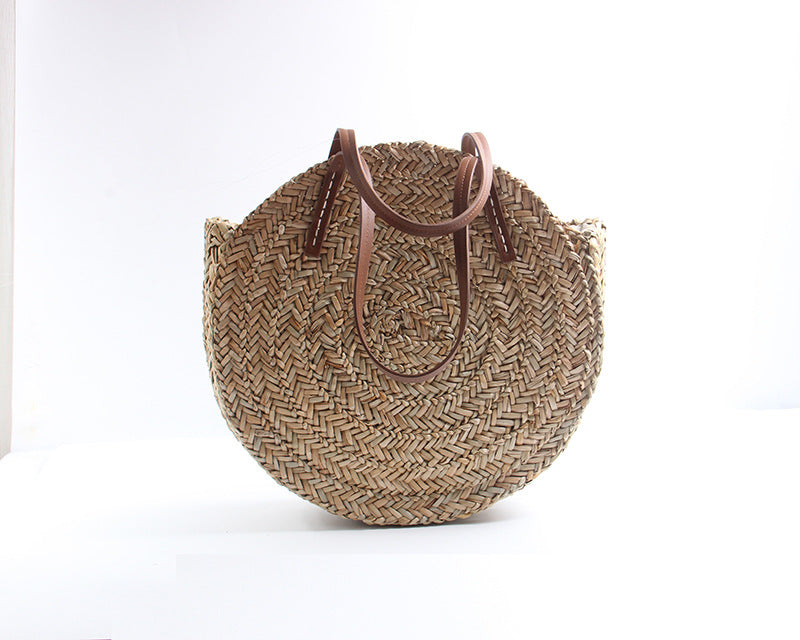 New aquatic plant round straw bag vacation beach bag single shoulder large capacity woven bag women's fashion simple rattan bag