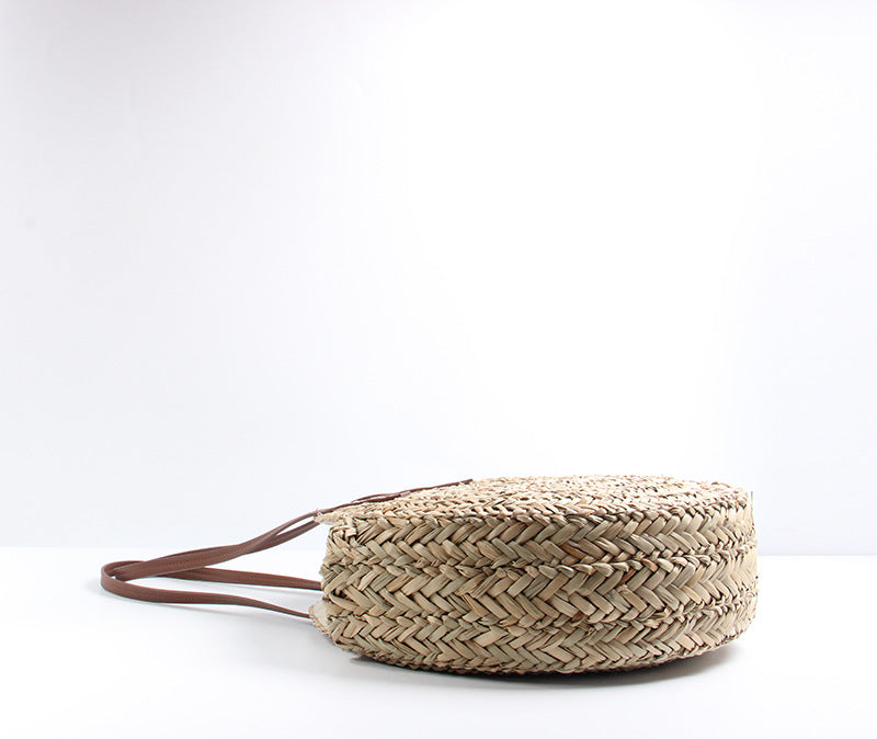 New aquatic plant round straw bag vacation beach bag single shoulder large capacity woven bag women's fashion simple rattan bag