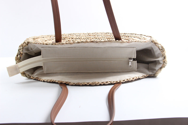 New aquatic plant round straw bag vacation beach bag single shoulder large capacity woven bag women's fashion simple rattan bag