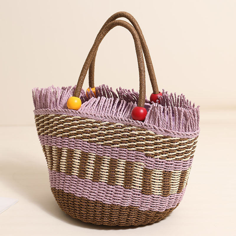 Cute Wooden Bead Straw Bucket Bag  Frayed Edge Paper Woven Handbag with Drawstring, Medium Beach & Holiday Tote