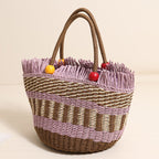 Cute Wooden Bead Straw Bucket Bag  Frayed Edge Paper Woven Handbag with Drawstring, Medium Beach & Holiday Tote