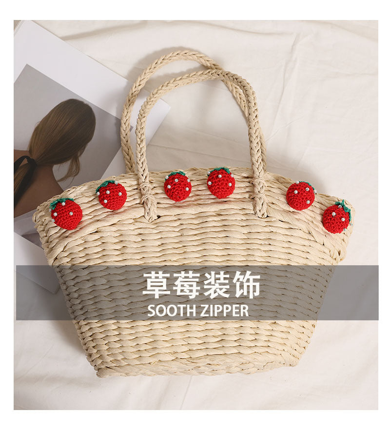Cute Strawberry Woven Tote Basket  Handcrafted Paper Straw Shoulder Bag with Drawstring, Medium Daily & Beach Carry Bag