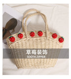 Cute Strawberry Woven Tote Basket  Handcrafted Paper Straw Shoulder Bag with Drawstring, Medium Daily & Beach Carry Bag