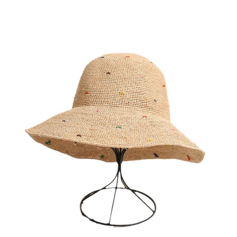 Raffia Straw Wide Brim Sun Hat  Color Dot Foldable Beach Hat for Women, Summer Vacation UPF Shade