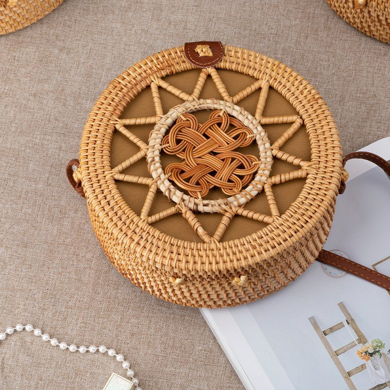Handwoven Rattan Round Crossbody Bag with Chinese Knot Detail – Mini Wicker Basket Bag (20 × 8 cm) Main image