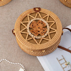 Handwoven Rattan Round Crossbody Bag with Chinese Knot Detail – Mini Wicker Basket Bag (20 × 8 cm)