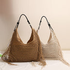 Fashionable Tassel Shoulder Raffia Bag  Large Capacity Hollow Weave Tote for Beach, Vacation & Everyday Use